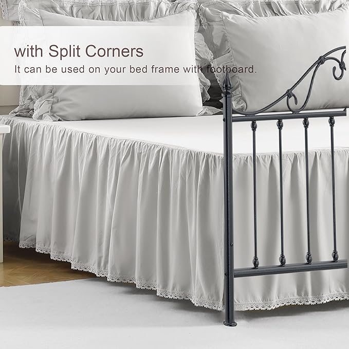 Queen Size 14 inch Drop Light Grey Dust Ruffle, 100% Lightweight Cotton Ruffled Bed Skirt, French Coutry Style, Lace Ruffled Bed Skirt with Split Corners