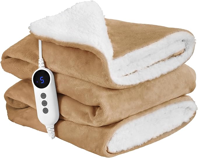 Electric Heated Blanket Twin 62"x84" - Soft Silky Flannel & Fluffy Sherpa Blanket with 9 Heat Levels & 2-10 Timer, ETL Certified & Overheat Protection, Gift for Grandma Grandpa, Brown