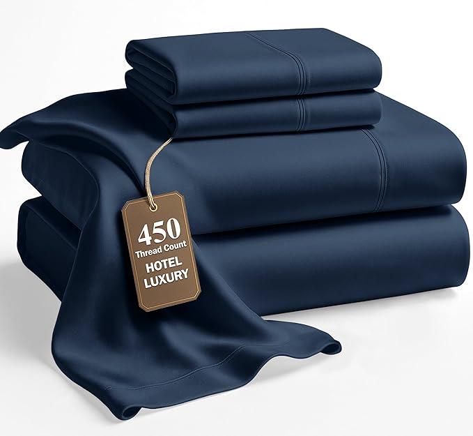LANE LINEN Full Size Bed Sheet Set – 450 Thread Count 100% Cotton Cooling Sheets, Soft Sateen Weave, 15” Deep Pocket Fully Elasticized Fitted Sheet, Fade-Resistant Hotel Bedding, Estate Blue