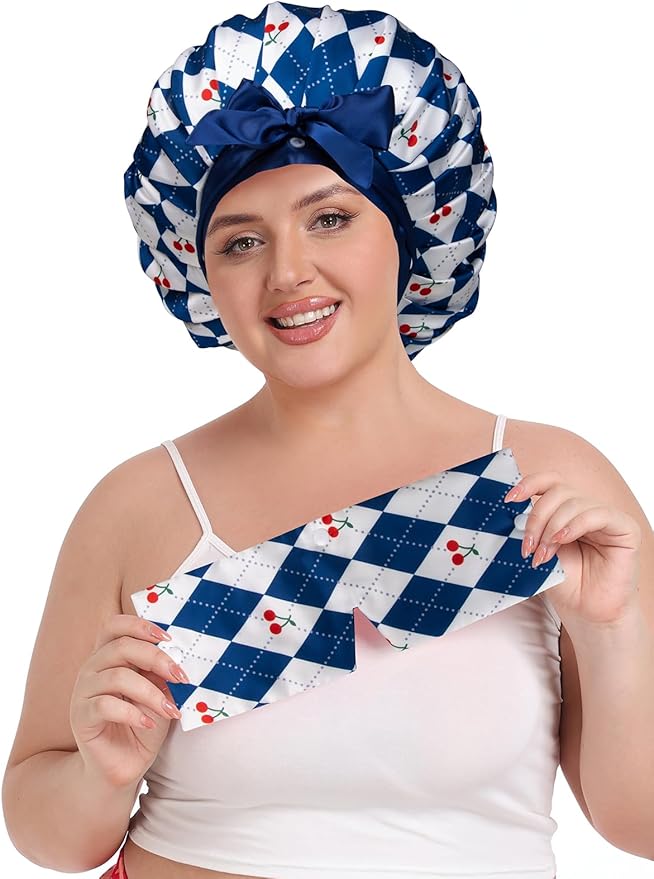 Pleated Silk Sleeping Bonnet with Eye Mask Double Layer Satin Hair Bonnets Sleep Cap for Curly Natural Hair