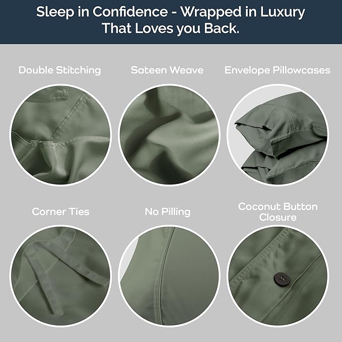 Olive + Crate Tencel Eucalyptus Cooling Duvet Cover Set - Hypoallergenic, Lyocell Tencel Duvet Cover - Soft, Temperature Regulating with Hidden Button Closure & Corner Ties - California King [Moss]