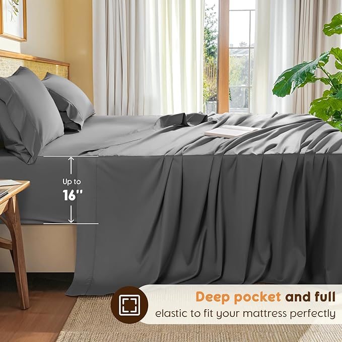 LBRO2M 100% Cotton Sheets Set Queen Size 600 Thread Count 4 Piece Sets Bed Sheet Deep Pocket Up to 16" Soft Comfortable All Season (Queen, Dark Gray)