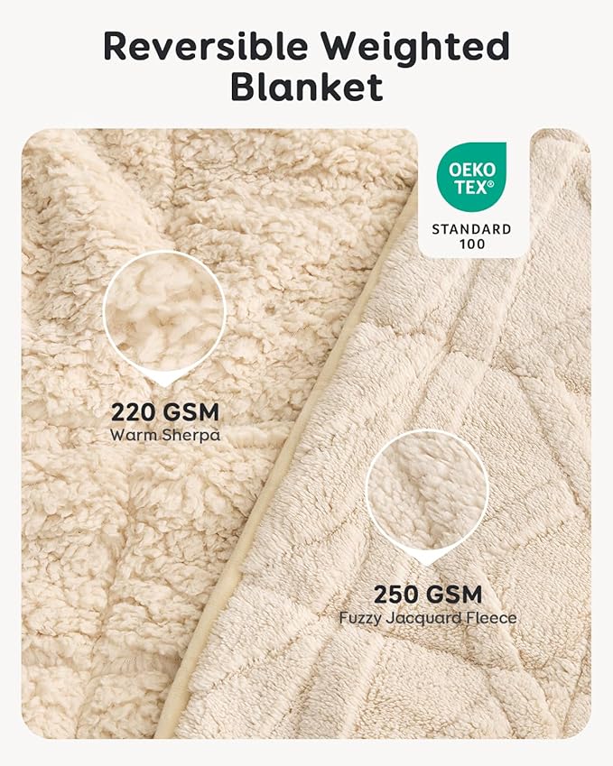 Sivio Weighted Blanket Full Size 15 lbs for Adults, Sherpa Fleece Weighted Blanket Jacquard Heavy Blanket for Sleeping, Reversible Super Soft Warm Cozy Fluffy Blanket for Adult， 48 x 72inches, Khaki