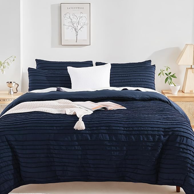 NEXHOME PRO Duvet Cover Full Size, Navy 3 Pieces Boho Tufted Duvet Cover Set, Soft and Lightweight Microfiber Comforter Cover Set for All Season (Navy Full, 80 x 90)-No Comforter