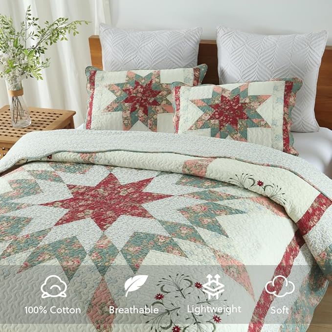 Cotton Bedspread Quilt Bedding Sets, 3 Pieces Reversible Coverlets Comforters Star with Red Floral Real Patchwork Bedspread, King Size