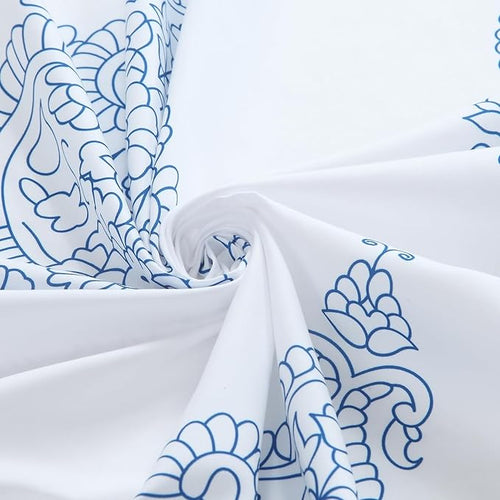 90 Inch Fabric Shower Curtain, Extra Long White and Blue Paisley Damask Medallion Print Shower Curtains for Bathroom, 72" W x 90" H