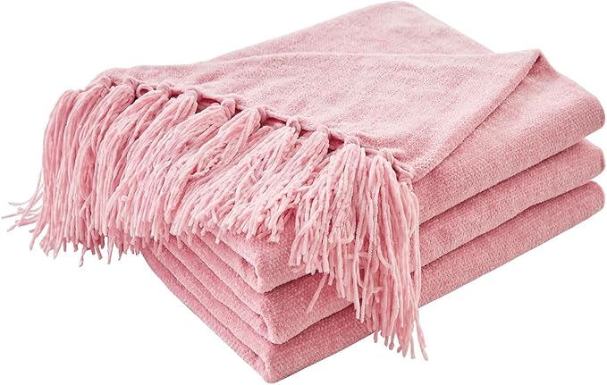 CozeCube Chenille Throw Blanket for Couch, Cozy Plush Fuzzy Decorative Pink Blanket with Fringe Tassels, Lightweight Throws for Bed Sofa Gift Home Decor, 60"X80"