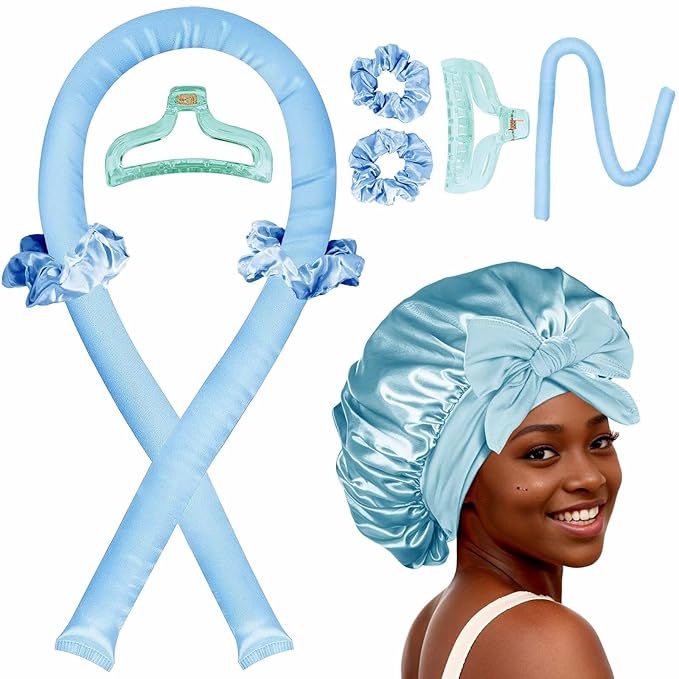 Heatless Hair Curler,Blowout Heatless Curls Overnight,No Heat Curling Rod Set with Satin Bonnet for Sleep in,Blue
