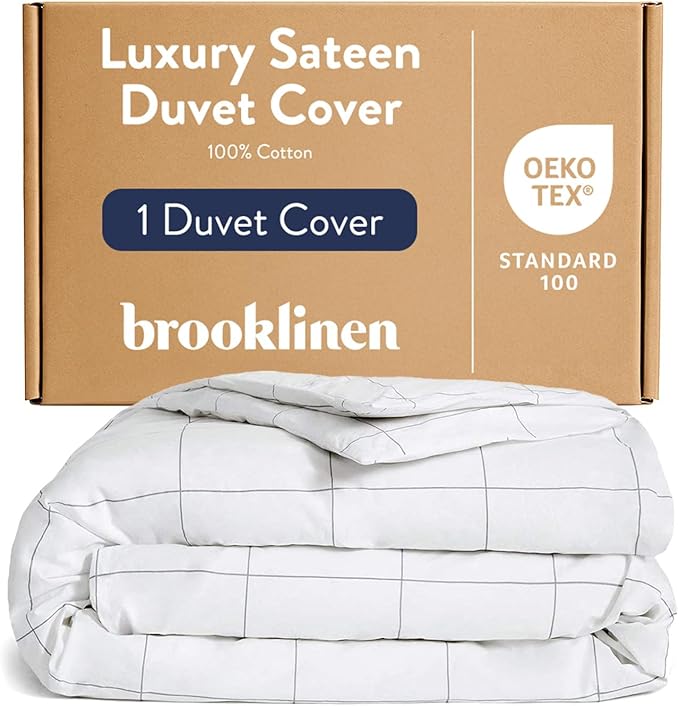 Brooklinen Luxury Sateen Duvet Cover - 100% Cotton, Twin/Twin XL Size in Window Pane with Extra-Long Corner Ties and Button Closure - Best Twin/Twin XL Duvet Covers