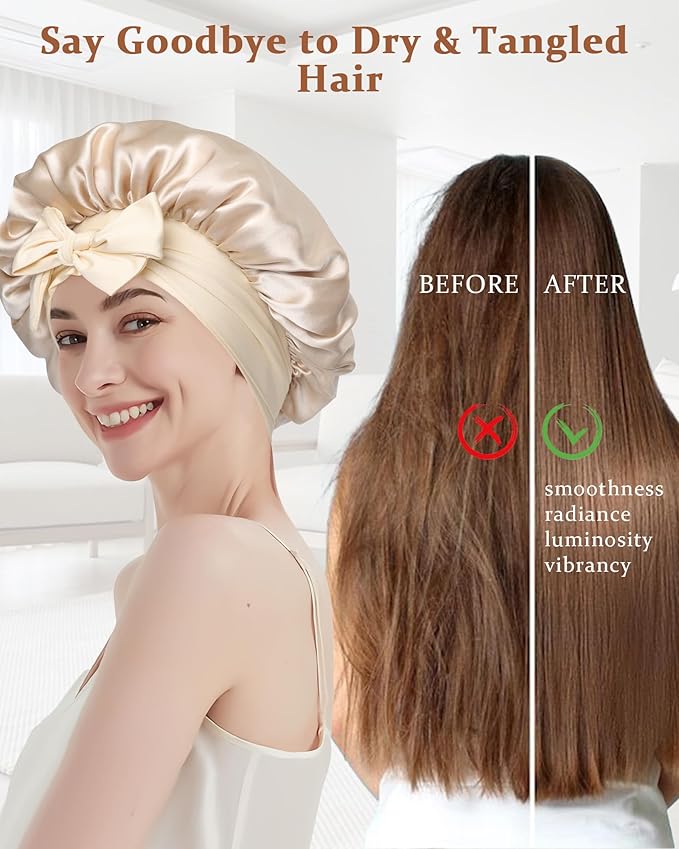 100% Mulberry Silk Bonnet for Sleeping Women Double Layer Silk Hair Bonnet Natural Silk Sleep Cap with Elastic Reversible Hair Wrap (Champagne+Beige)