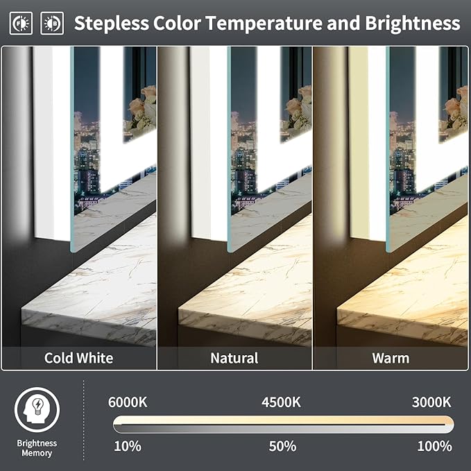 LED Mirror for Bathroom, 48x36 Inch Backlit + Front Lighted Bathroom Vanity Mirror with Lights for Wall, Double Light Strips, 3 Colors, Shatter-Proof, Anti-Fog and Brightness Memory