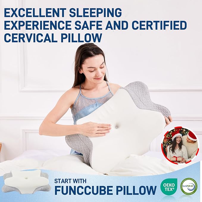 Cervical Neck Pillow for Sleeping, Dual Height Contour Memory Foam Pillow for Neck Pain Relief & Support, Orthopedic Butterfly Pillow for Side, Back & Stomach Sleepers – Cooling Washable Cover