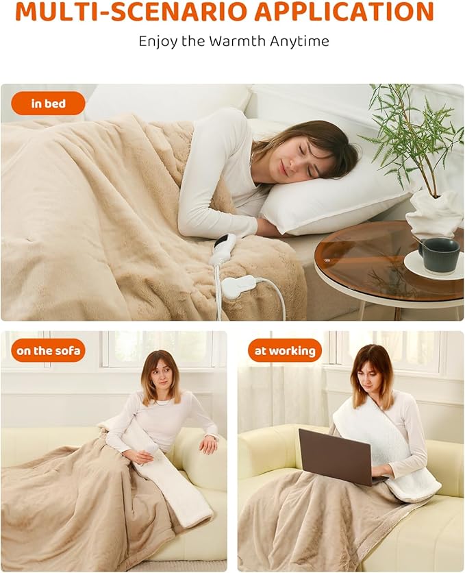 Electric Heated Blanket Throw Size, Faux Fur Throw Blanket, Super Soft Cozy Heating Blanket with 9 Heating Levels & 1-9 Hours Auto Off, Fast Heat & Overheat Protection, 50" x 60", Beige