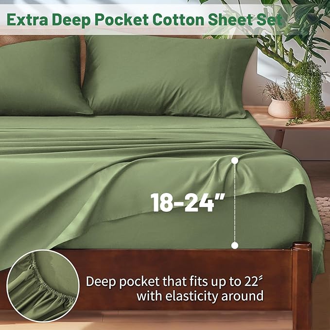 Extra Deep Pocket Queen Sheets 18-24 Inch 1000 Thread Count 100% Egyptian Cotton Sateen Weave Soft Breathable 4 Pieces（Queen,Olive Green）