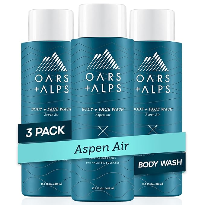 Oars + Alps Mens Moisturizing Body and Face Wash, Skin Care Infused with Vitamin E and Antioxidants, Sulfate Free, Aspen Air, 3 Pack