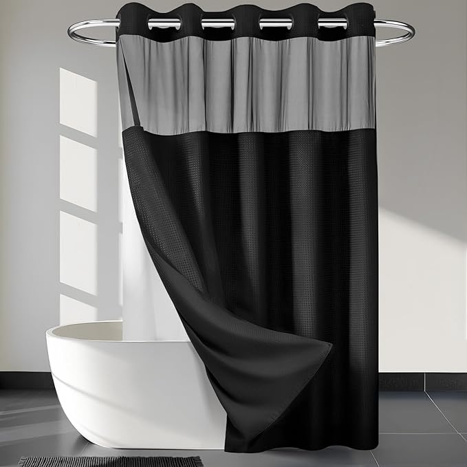 River Dream Heavyweight No Hooks Required Dotted Waffle Weave Shower Curtain with Snap in Liner - 71W x 80H,Hotel Grade,Spa Like Bath Curtain,Graphite Black