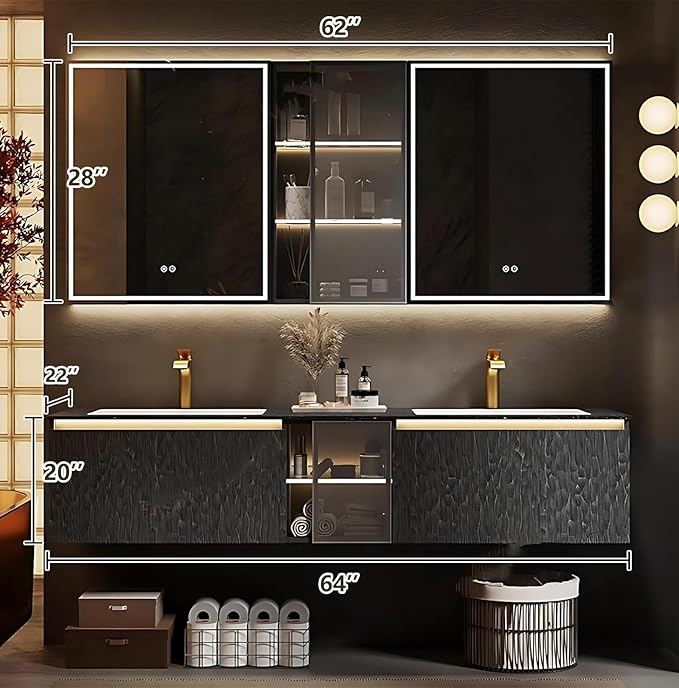 64" Double Bathroom Sink Vanity, Modern Bathroom Vanity Includes LED Smart Defogging Mirror Cabinet & Semi-Open Storage & Ceramic Basin, Floating Bathroom Cabinet with Sensor Light (Charcoal Grey)