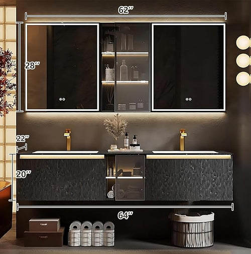 64" Double Bathroom Sink Vanity, Modern Bathroom Vanity Includes LED Smart Defogging Mirror Cabinet & Semi-Open Storage & Ceramic Basin, Floating Bathroom Cabinet with Sensor Light (Charcoal Grey)