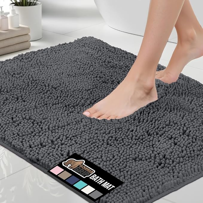 GORILLA GRIP Bath Rug Mat 48x17, Soft Absorbent Chenille, Quick Dry Microfiber Mats, Rubber Backing Washable Shower Floor Rugs, Bathmat Runner, US Designed Bathroom Home Decor Accessories Charcoal