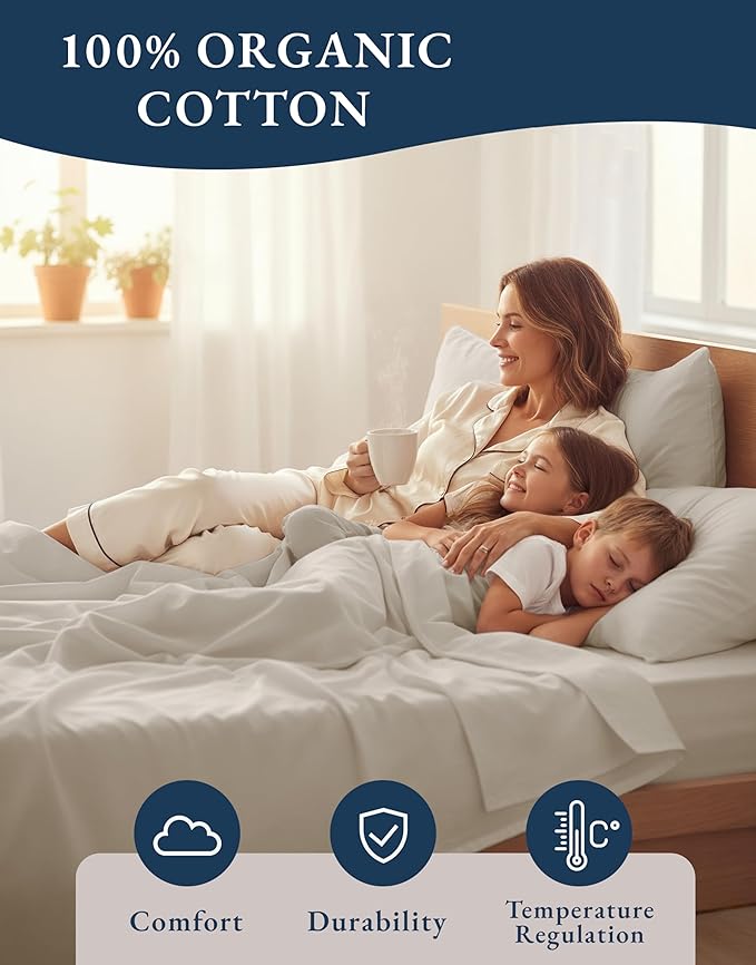 LANE LINEN 100% Organic Cotton King Bed Set, 4-Piece Cotton Bed Sheets, Crisp Percale Weave, Ultra Soft Bedding Sets & Collections, 15" King Size Sheets Deep Pocket Set - Glacier Grey