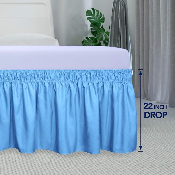 PureFit Wrap Around Ruffled Bed Skirt with Adjustable Elastic Belt - 22 Inch Drop Easy to Put On, Wrinkle Free Bedskirt Dust Ruffles, Bed Frame Cover for Queen, King and C-King Size Beds, Light Blue