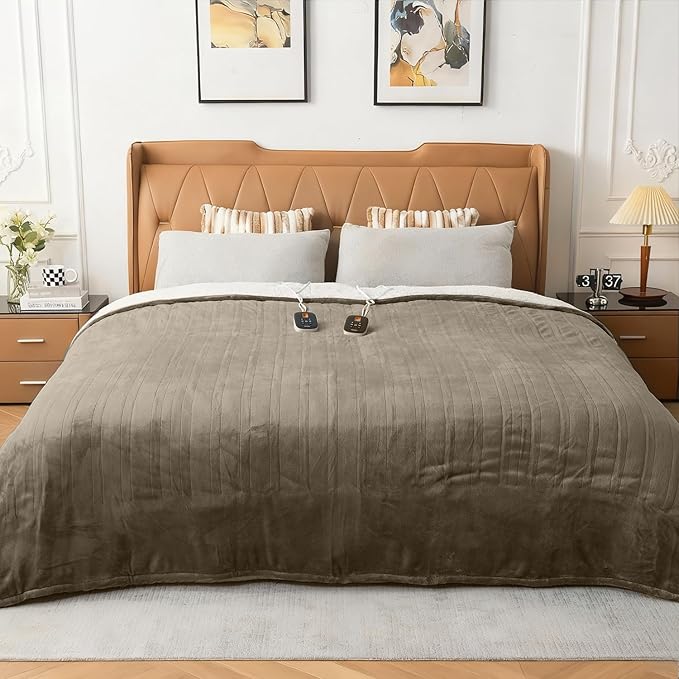 WOOMER Heated Blanket King Size,Durable Flannel and Soft Sherpa,Dual Control,84” × 90” Electric Blanket, 10 Heat Levels&0.5-12h auto-Off, Overheat Protection,Energy Efficient