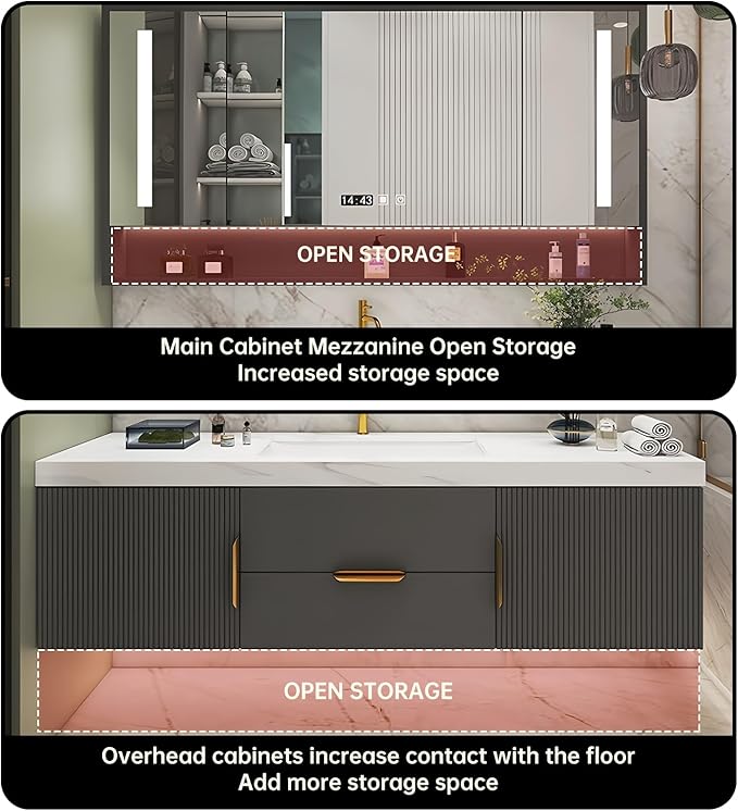Bathroom Vanity with Double Sink, Modern Bathroom Vanities Compo Includes LED Smart Defogging Mirror Cabinet and Open Shelf, Solid Wood Bathroom Sink Vanity with Slate Countertop (Dark Grey,92")