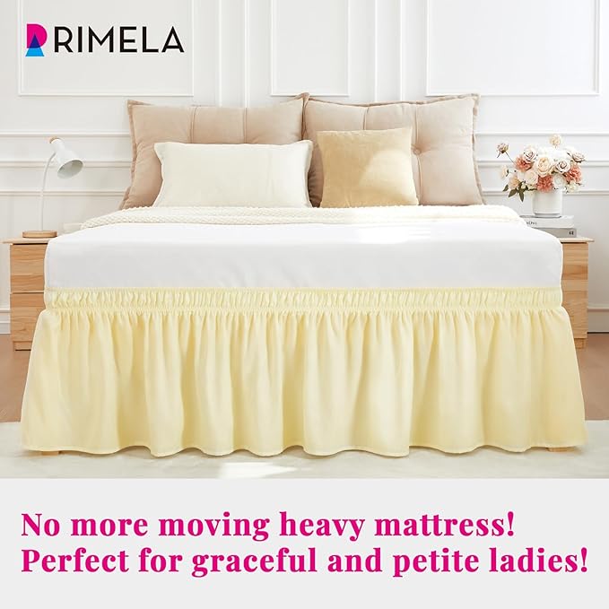RIMELA Full Bed Skirt 15 Inch Drop, Wrap Around Elastic Bedskirt Solid Microfiber Luxury Hotel Quality Fabric, Easy to Install Machine Washable Wrinkle & Fade Resistant, Beige Yellow