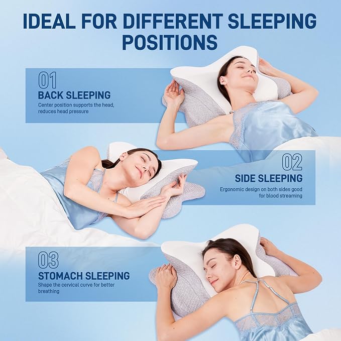 Cervical Neck Pillow for Sleeping, Dual Height Contour Memory Foam Pillow for Neck Pain Relief & Support, Orthopedic Butterfly Pillow for Side, Back & Stomach Sleepers – Cooling Washable Cover