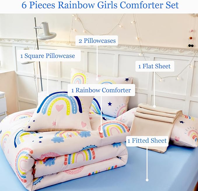 ANGIYUIN 6 Pieces Beige Rainbow Girls Comforter Set Twin Cartoon Rainbow Love Hearts and Stars Bedding Set for Girls Cute Soft Lightweight Kid Bed in A Bag with Rainbow Comforter, Sheets, Pillowcases