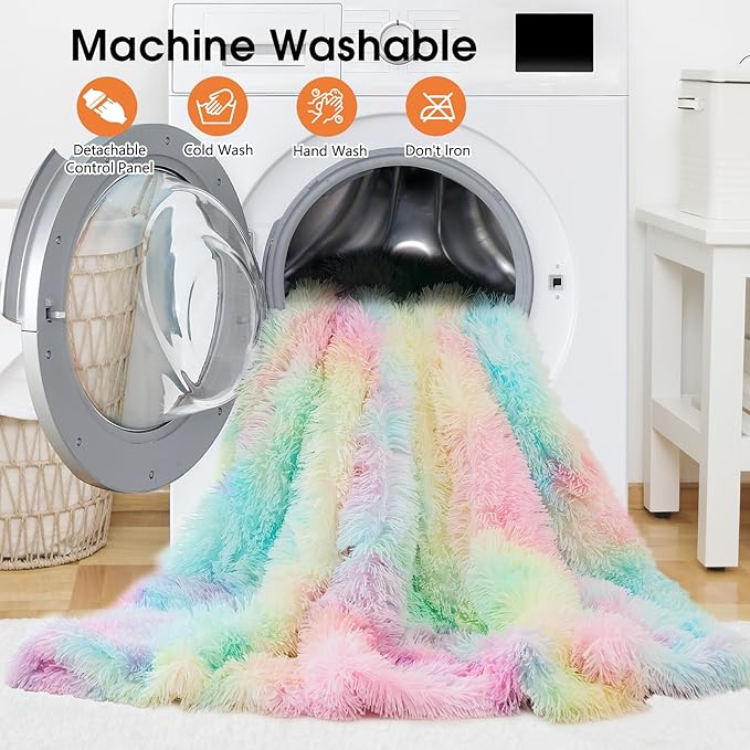 Heated Electric Blanket Twin,Warm Winter Birthday Gifts for Women Her Grandma–Faux Fur with Soft Sherpa,10 Heat Settings,5 Time Settings with Fast Heating, 62x84, Rainbow