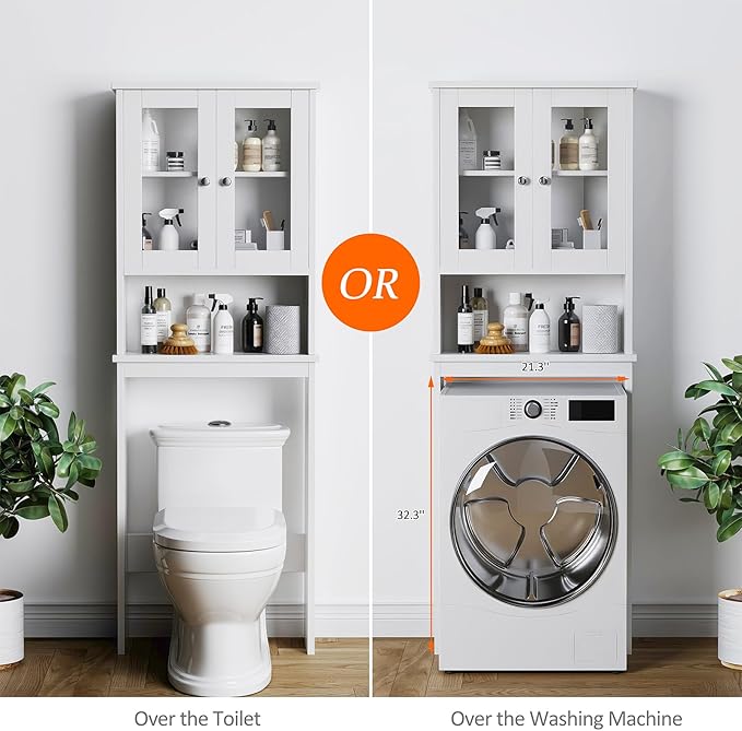 Meilocar Over The Toilet Storage Cabinet, Bathroom Storage Organizer Over Toilet with Glass Doors, Over Toilet Cabinet for Bathroom, Laundry Room, White
