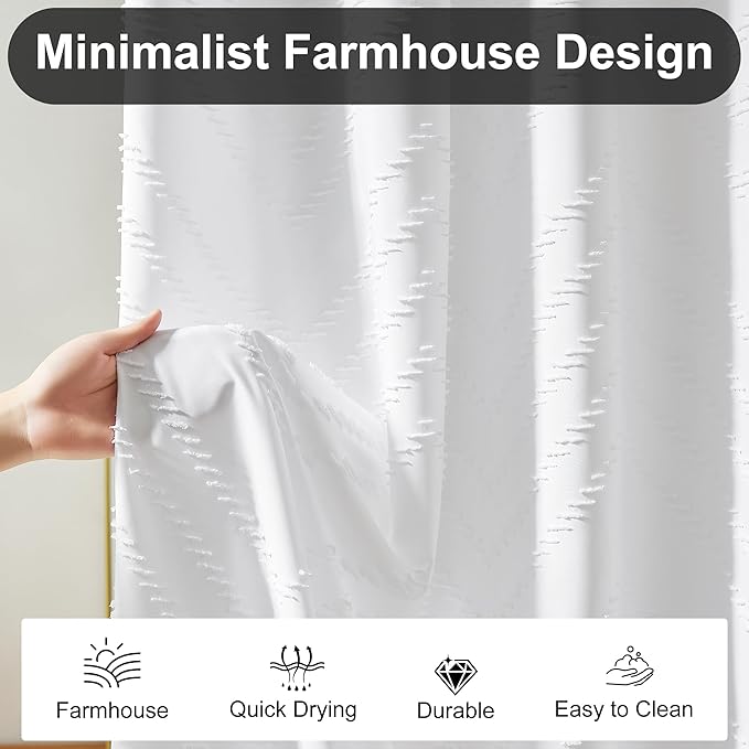Extra Long Shower Curtains 72 x 84 Inches Tufted Chevron White Shower Curtains Fabric for Bathroom Modern Shabby Chic Waterproof Cloth Shower Curtain