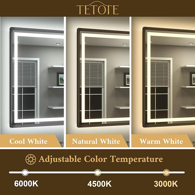 TETOTE 28 x 36 Bathroom LED Mirror Brushed Black Metal Frame Frontlit & Backlit Anti-Fog Stepless Dimmable 3 Colors White/Warm/Natural Mirror with Lights Wall-Mounted