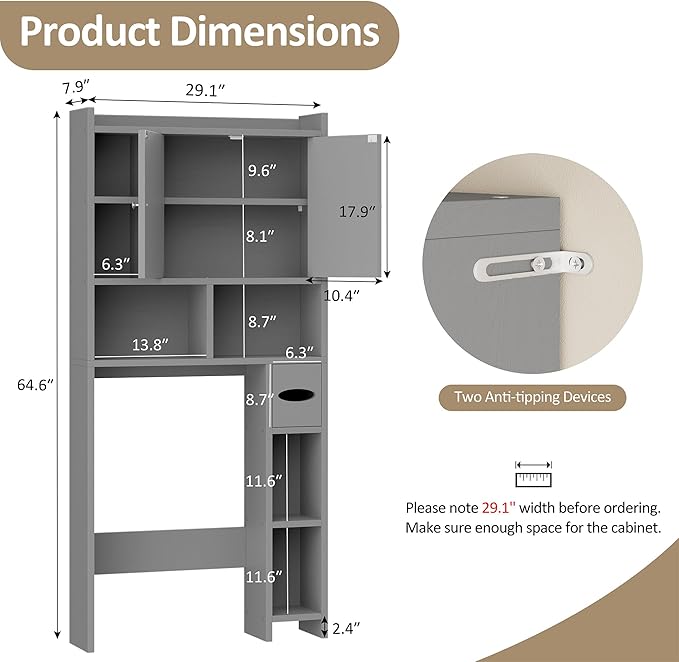 Meilocar Over The Toilet Storage Cabinet, Bathroom Over Toilet Storage Cabinet, Bathroom Storages Organizer Cabinets with Toilet Paper Holder and Adjustable Shelf, Grey