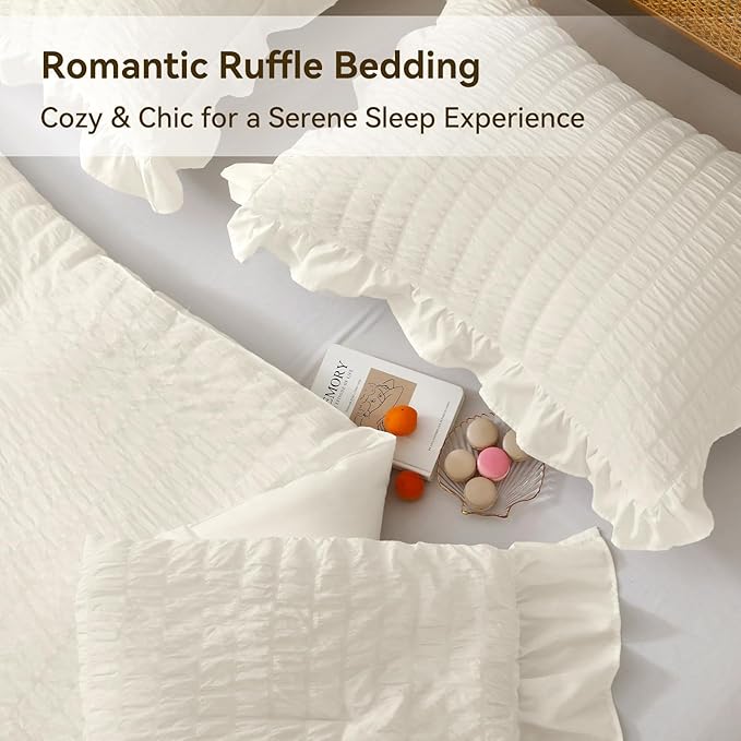 JOLLYVOGUE Ivory Comforter Full Size, 3 Pieces Seersucker Lightweight Full Size Bedding, All Season Fluffy Microfiber Bedding Comforter Set with 1 Ruffle Comforter and 2 Ruffle Pillowshams