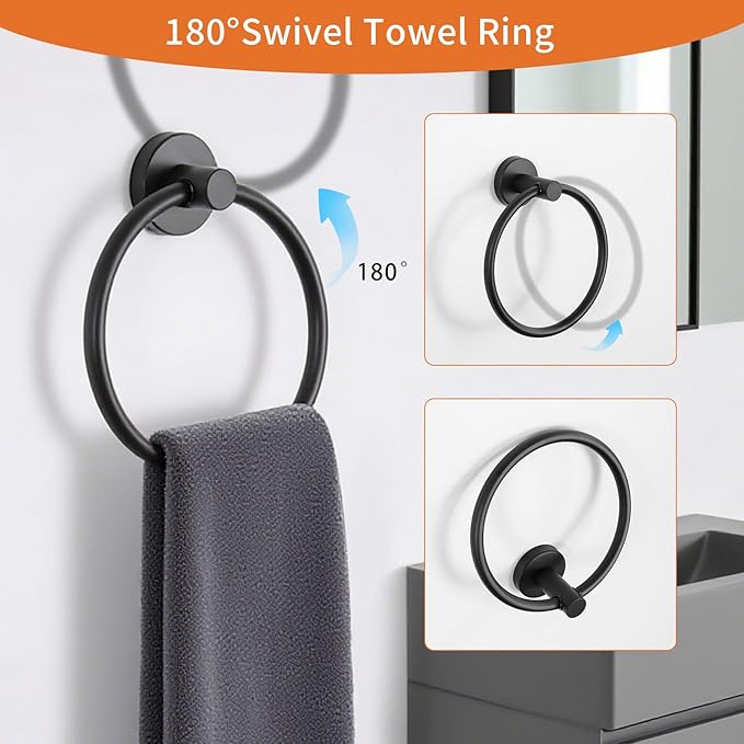 5-Piece Black Bathroom Hardware Set - 24 Inch Towel Bar, 2 Robe Towel Hooks, Toilet Paper Holder, Towel Ring, Wall Mounted Bathroom Accessories (Matte Black Finish)