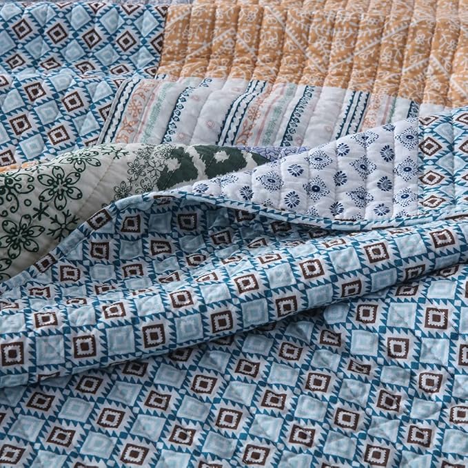 Autumn Dream Cotton Bedspread Quilt Sets Reversible Bedding Coverlet Sets Comforter, Vintage Floral Patchwork Red Blue Bedspread, King Size (Blue Bohemian Patchwork, Queen (90 by98 Inch))