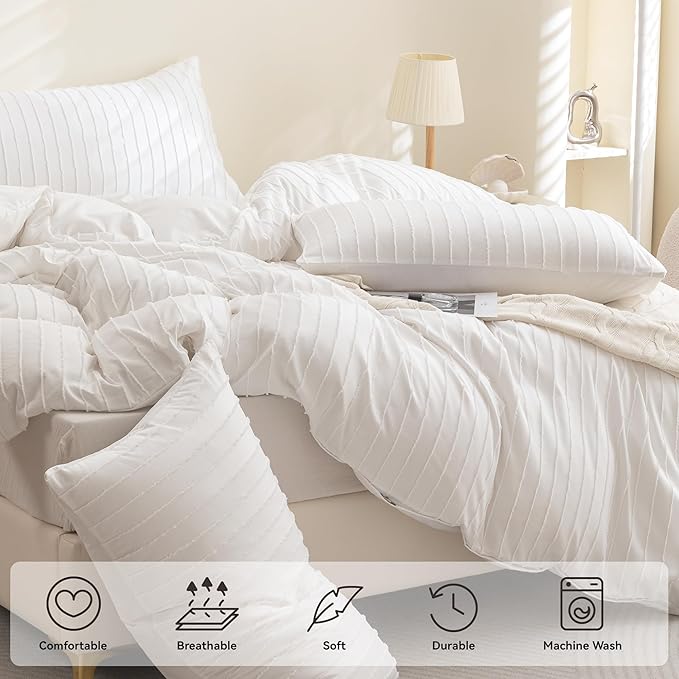 JELLYMONI Duvet Cover Queen Size White - 3PCS Boho Striped Duvet Cover Set Polyester Tufted Bohemian Textured Comforter Cover 90×90in with Corner Ties & Zipper and 2 Pillowcases