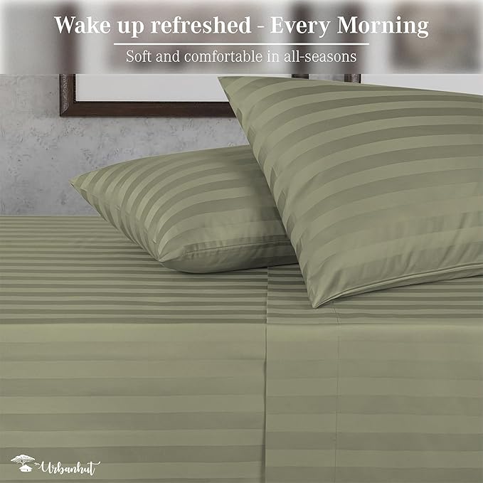URBANHUT 1000 Thread Count Damask Striped King Size Egyptian Cotton Sheets, Long Staple Soft & Breathable, 4 Pc Bed Sheet Sets, Luxury Hotel Sateen Sheets Fits 16" Deep Pocket - Sage
