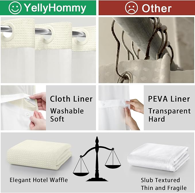 YellyHommy No Hook Shower Curtain with Snap in Liner Set Less Waffle Shower Curtain for Bathroom (Cream, 81" L x 72" W)