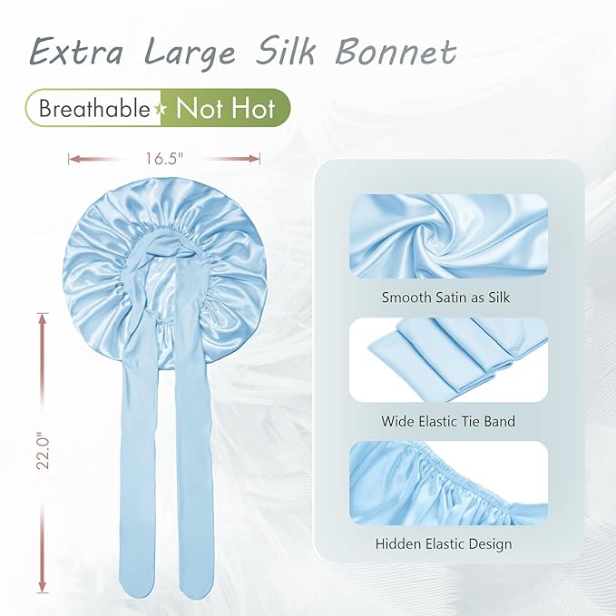 BONNET QUEEN Silk Bonnet for Sleeping Women Big Satin Bonnet Night Sleep Cap Wrap for Curly Hair with Adjustable Tie Band, Single Layer, Large, Light Blue