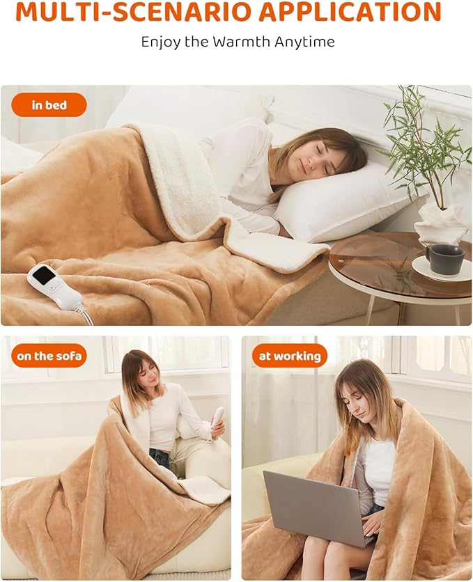 Electric Heated Blanke Throw Size, Super Soft Cozy Upgraded Flannel Heating Blanket with 9 Heating Levels & 1-9 Hours Auto Off, Fast Heat & Overheat Protection, 50" x 60", Khaki