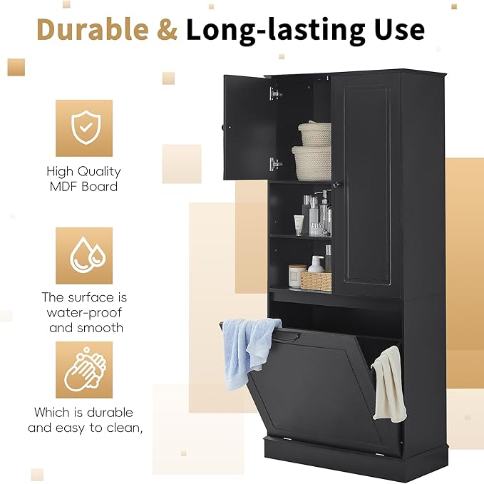Tall Storage Cabinet with Adjustable Shelves & Flip-Out Basket, MDF Material with Aluminum Alloy Handles, Large Capacity for Bathroom, Kitchen, Living Room, Office Organizer, Black
