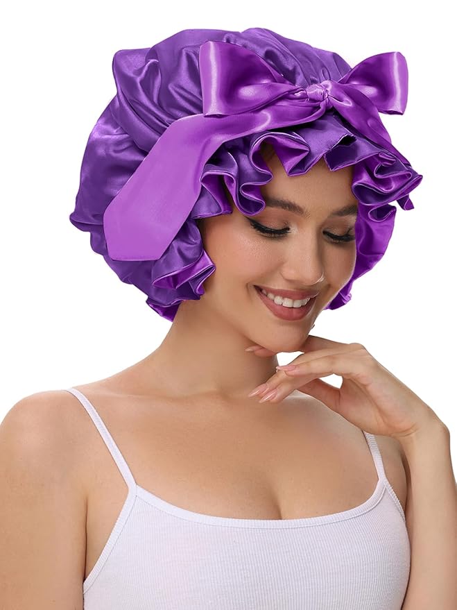 Cute Adjustable Silk Bonnet for Sleeping Double Layer Satin Cap Hair Sleep Bonnet for Curly Hair Purple