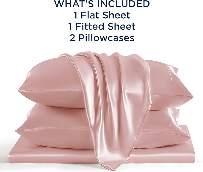Bedsure Satin Sheets King Size - 4 Piece Silky Bedsheets with 15 Inches Deep Pocket Fitted Bedsheet,1 Flat Sheet, 2 Satin Pillowcases, Good for Hair & Skin (King, Blush Pink)