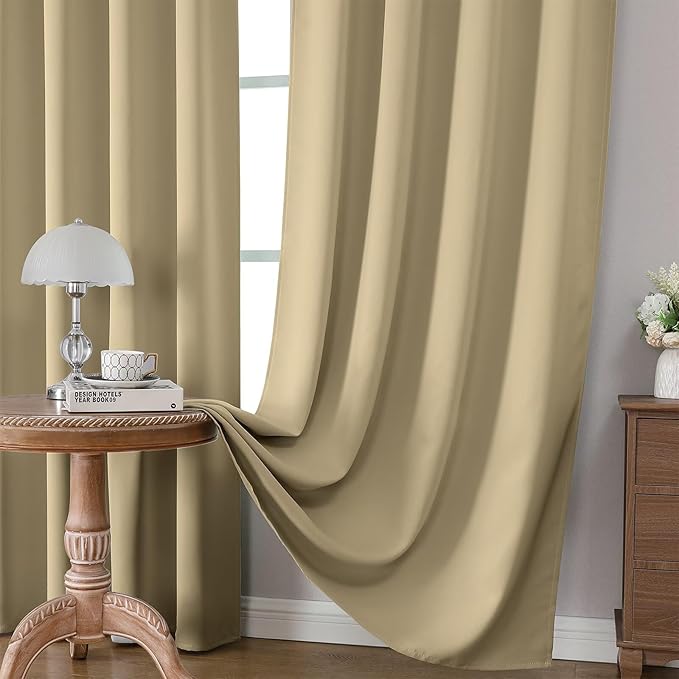 CUCRAF Beige Blackout Curtains 108 inch Length 2 Panels Set, Rod Pocket Room Darkening Drapes for Bedroom Living Room, Insulated Thermal Light Blocking Window Curtain (W52 x L108 Inch)