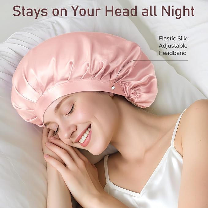 LitBear 100% Mulberry Silk Bonnet for Sleeping Women, 22 Momme Silk Hair Wrap with Elastic Band for Natural Curly Hair Long Short, Non-Slip Night Cap Reduce Friction Pink