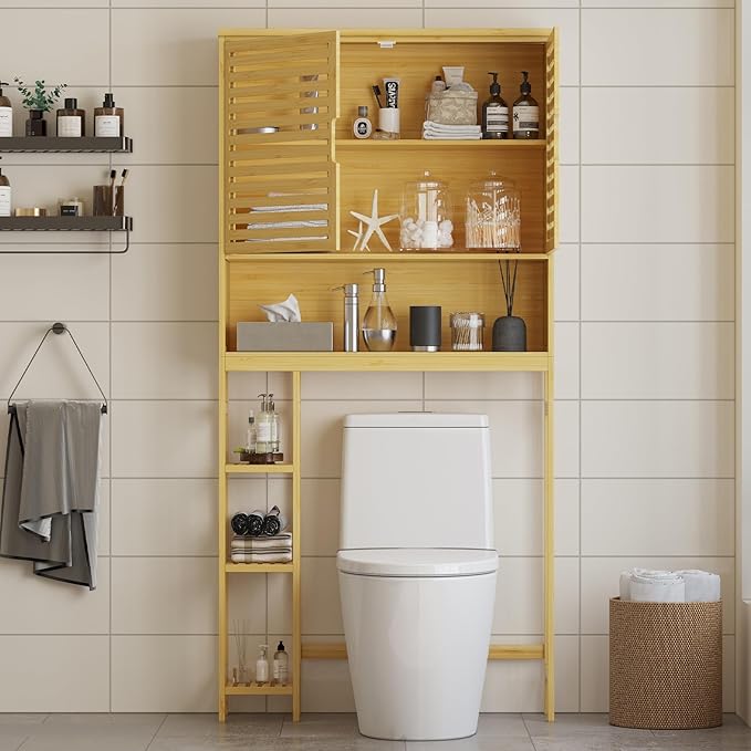 Over The Toilet Storage Cabinet, Bamboo Storage Cabinet Over Toilet with Double Doors & Open Shelves, Freestanding Toilet Shelf Space Saver with Anti-Tip Design, Natural