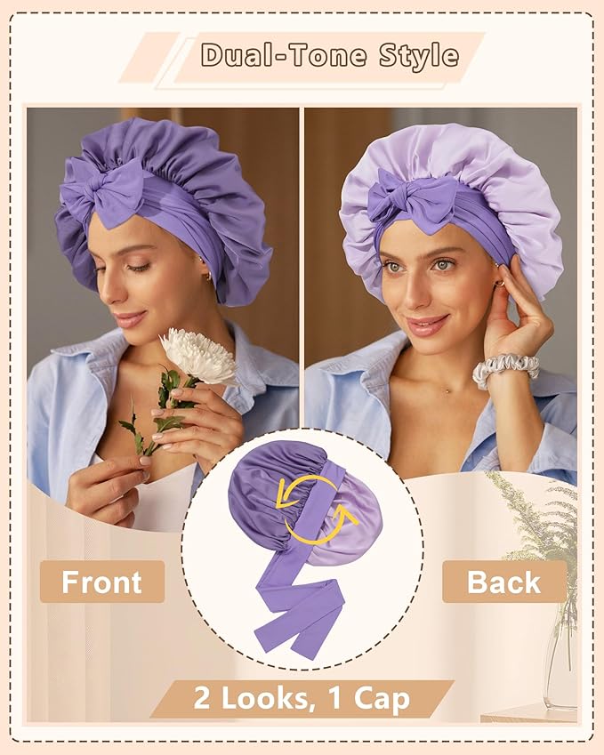 AWAYTR Women Satin Bonnet for Sleeping - Double Layer Silk Hair Bonnet with Elastic Tie Band for Braids Curly Hair